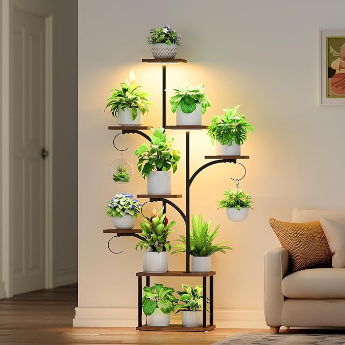 Plant Stand with Grow Lights, 59" Tall 8-Tier Tree-Shaped Metal Indoor lighted Plant Shelf Corner Display Rack with Hanging Hooks for Multiple Plants, Wooden Flower Holder for Balcony Patio home Decor