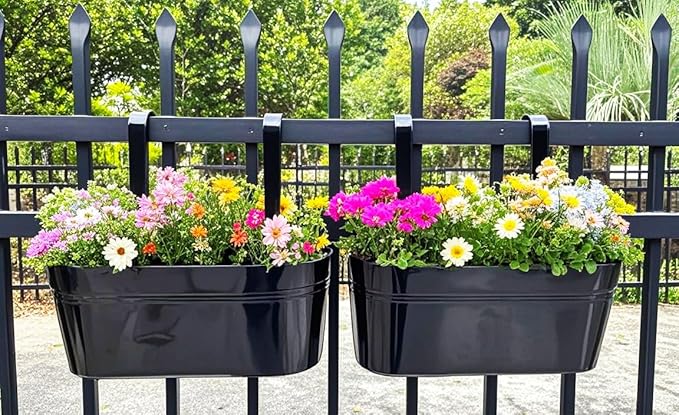 Hanging Planters for Outdoor Plants, 17" Railing Planter Pots, Metal Fence Flower Pot for Porch Balcony with Detachable Hook (Black, Pack of 2)