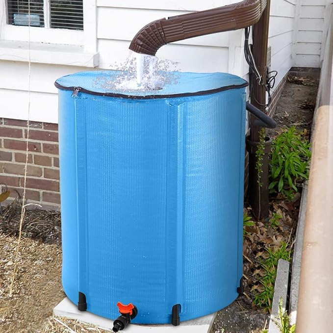 Collapsible Rain Barrel, 50 Gallon Portable Rainwater Collection System, Water Storage Tank, Rain Catcher Barrel with Spigots and Overflow Kit, Rain Water Barrel Collector for Garden, Blue