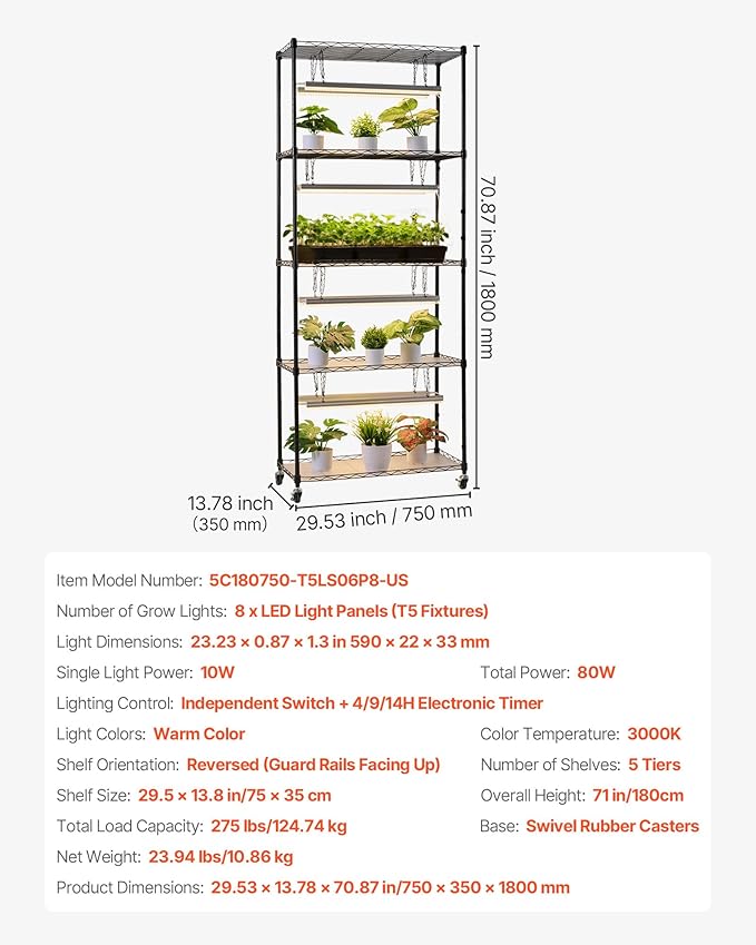 VEVOR Plant Shelf with Grow Light, 6-Tier Indoor Plant Stand, 71 in Tall Plants Display Rack with Wheels & 4/9/14H Timer, 80W T5 LED Full Spectrum Grow Lights, Flower Pot Holder for Seed Starting