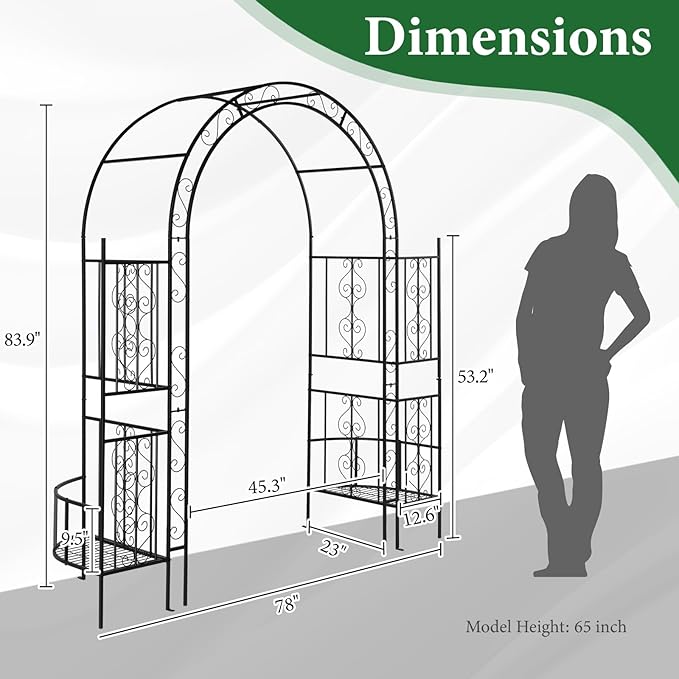 Garden Arbor with Planter Boxes, 7FT Wedding Arches for Ceremony, Metal Garden Arch for Climbing Plants Outdoor, Black Garden Archway for Lawn, Patio and Backyard, Includes Ground Stakes