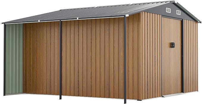 10x12 FT Outdoor Storage Shed,Extra Large Metal Garden Tool Shed with Lockable Doors,Windows & Air Vents,Dual-Zone Design Outside Steel Tiny House for Backyard, Patio Lawn,Yellow