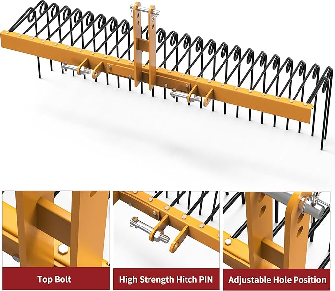 YITAMOTOR 60" Tow Behind Landscape Rake, 3 Point Quick Hitch Lawn Dethatcher Rakes with 26 Steel Tines for Category 1 Tractors, Heavy Duty Powder Coated Finish Tools for Leaves, Pine Needles, Straw