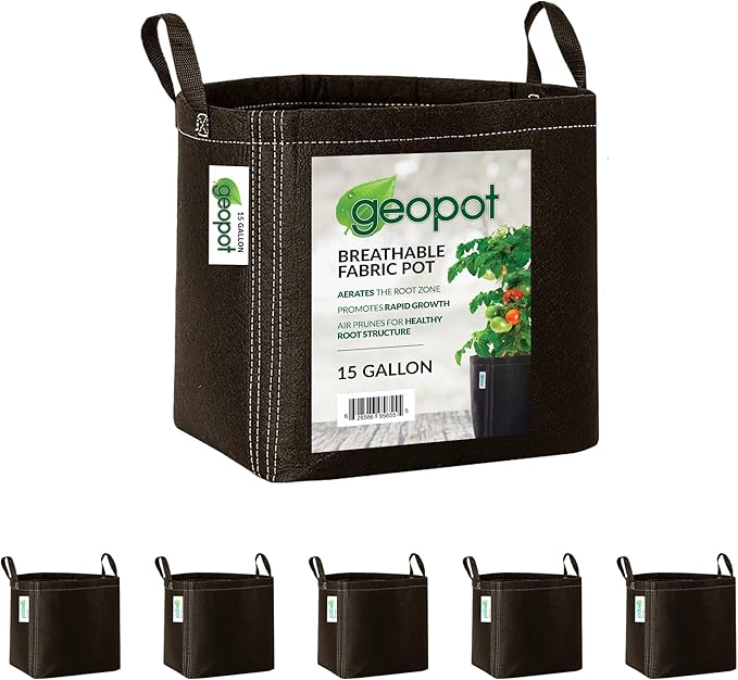 GeoPot 15 Gallon Fabric Grow Bags with Handles for Vegetables, Houseplants, Herbs & Flowers |5-Pack| Fabric Pots for Outdoors and Indoors, Aerated Fabric Grow Bags