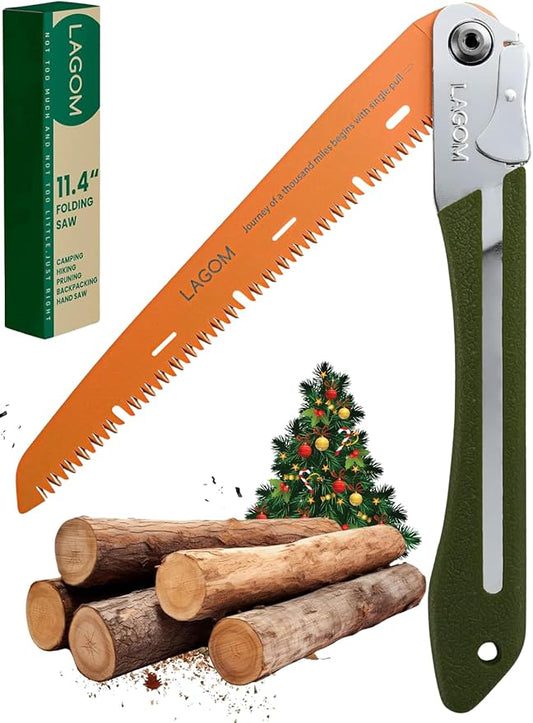 LAGOM Folding Camp Saw for Cutting Branches, 11.4" Straight Blade | SK5 Steel, Ergonomic Handle, One-Hand Use, Secure Lock | Foldable Pruning Tool for Camping, Gardening, Survival, Kayaking, Outdoors