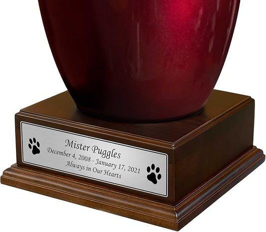 Mainely Urns Polished Walnut Wood Finished Pet Cremation Urn Pedestal with Silver Nameplate for Pet Ashes Display Memorial Stand Non-Personalized Pet Urn Base(Silver Pet Pedestal)