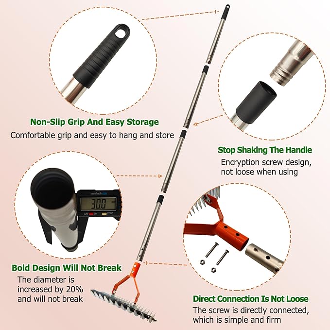 Thatch Rake,14-Inch Lawn Thatching Rake,Reinforced Neck with Heavy Duty Handle, Multi Angle Tine Design for Efficient Dead Grass Removal and Soil Care