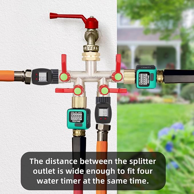 Hose Splitter 4 Way, High Flow Garden Hose Splitter, 3/4” Ght Inlet Brass Heavy Duty Hose Converter, Full Flow water 4 Way Faucet hose splitter, Long Handle Hose Valve Large Outlet.