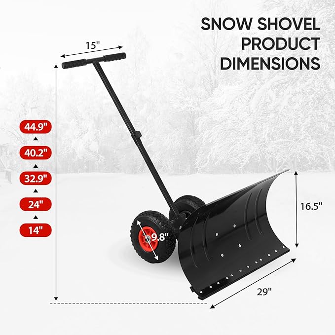 EAGLE PEAK Wheeled Snow Shovel for Driveway, Personal Snow Pusher with Wheels, Adjustable Plow Angle, Ergonomic Handle, Heavy Duty 29”x16.5” Blade, Single Rod Plow Shovel, Black