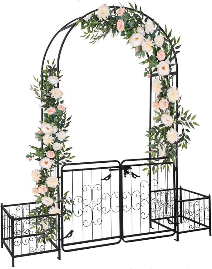 Outvita 7FT Garden Arch Arbor with Entry Door and Plant Frame, Heavy Duty Metal Arbour Archway, Decorative Frame Stand Trellis with Ground Stakes for Wedding Ceremony Party Plant Patio Black