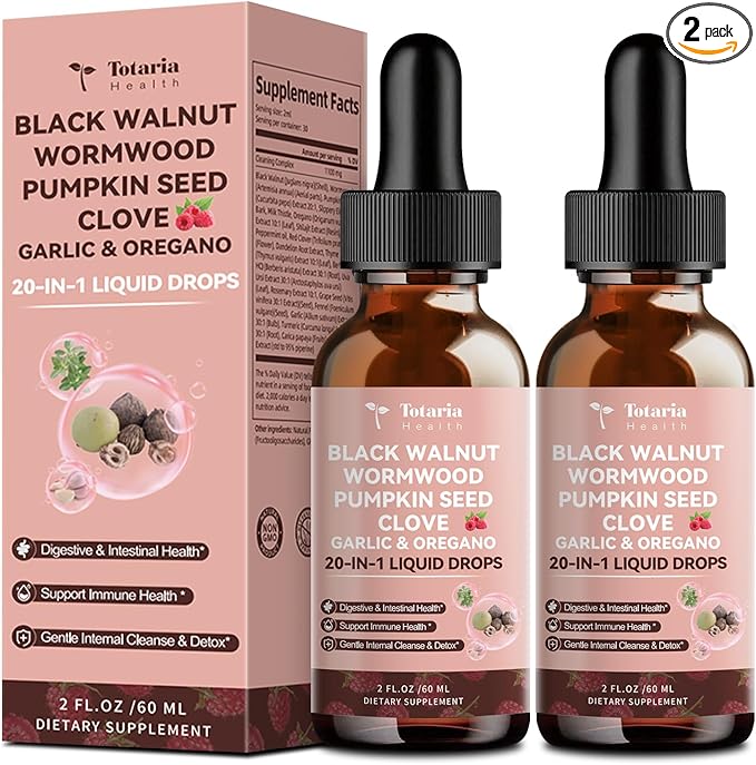 Totaria 2 Pack 20 in 1 Black Walnut Wormwood Tincture - Clove,Pumpkin Seed,Garlic,Oregano,Berberine - Gentle Gut Cleanse & Digestive Health - Alcohol-Free,Gut-Friendly -Raspberry Flavor - 4FL
