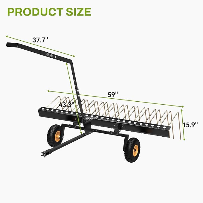 AUTOSAVER88 60" Tow Behind Steel Pine Straw Rake Durable Corrosion Resistant Lawn Rake