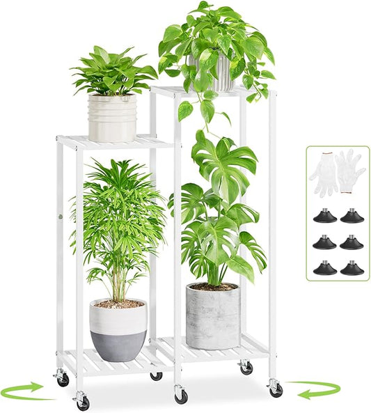 iDavosic.ly 4 Tier Plant Stand Indoor with Wheels, Metal Tiered Corner Flower Holder Shelf Outdoor for Large Pots, Tall Rolling Rack for Patio Porch Garden Balcony Living Room, White