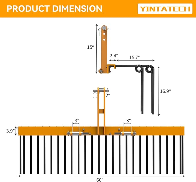 YINTATECH 60" Steel Pine Straw Rake, 3 Point Quick Hitch Landscape Rakes with 26 Durable Springs Landscape, Powder Coated Tow Behind Rake for Cat-1 Tractor to Collect Leaves for Garden, Yard, Lawn