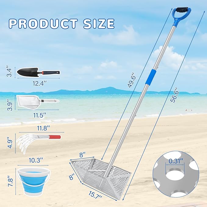 Beach Sand Sifter, 304 Stainless Steel, Detachable 60 Inches Long Handle, 16'' Basket with Sharp Teeth. Includes D-Handle Grip, Small Shovels, Sifter and Bucket