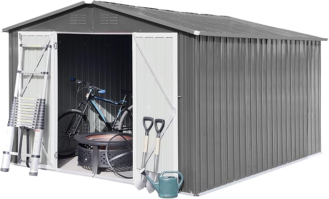 10x12 FT Sheds & Outdoor Storage,Metal Aluminum Garden Shed,with Punched Vents,Waterproof Cabinet w/Hinged Door and Padlock,Tool House for Storing Bicycles,Lawnmowers,Barbeques,Grey
