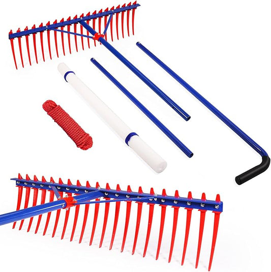 40" Extra-Large Heavy Duty Lake Weed Rake for Ponds with 11" Long Plastic Tines, 11ft Commercial-Grade Aquatic Weed Removal Tool, Deep Water Weed Cleaner for Large Aeras, Ergonomic Handle.