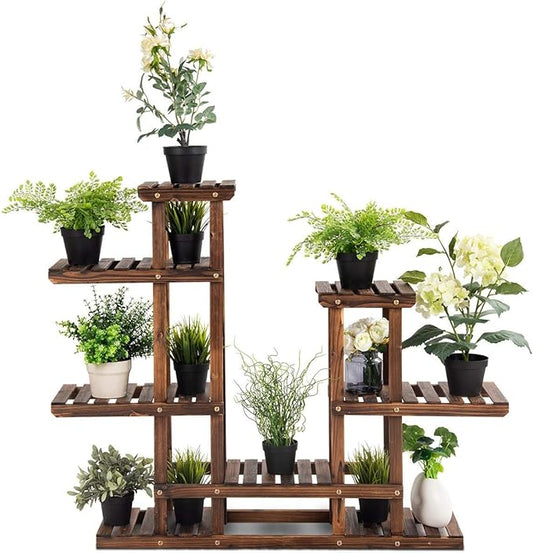Giantex Flower Rack Wood Plant Stand 7 Wood Shelves 13 Pots Bonsai Display Shelf Indoor Outdoor Yard Garden Patio Balcony Living Room Multifunctional Storage Rack Bookshelf W/Hollow-Out Rack