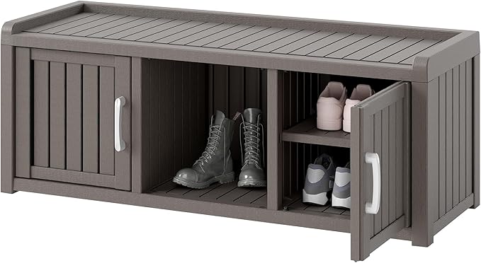 KAMABOKO Shoe Storage Cabinet Waterproof UV-Resistant, Entryway Storage Bench Indoor Outdoor with 2 Doors, Adjustable Shelves for Entryway, Bedroom, Hallway,Living Room(Grey)