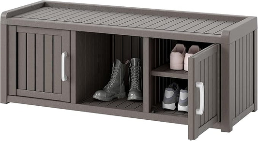 KAMABOKO Shoe Storage Cabinet Waterproof UV-Resistant, Entryway Storage Bench Indoor Outdoor with 2 Doors, Adjustable Shelves for Entryway, Bedroom, Hallway,Living Room(Grey)