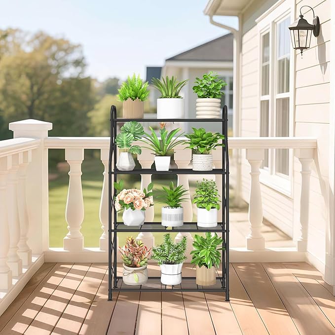 iDavosic.ly 4 Tier Plant Stand Indoor, Metal Tiered Corner Flower Display Holder Shelf Outdoor for Large Pots, Tall Rack for Patio Porch Garden Balcony Living Room, Modern Black