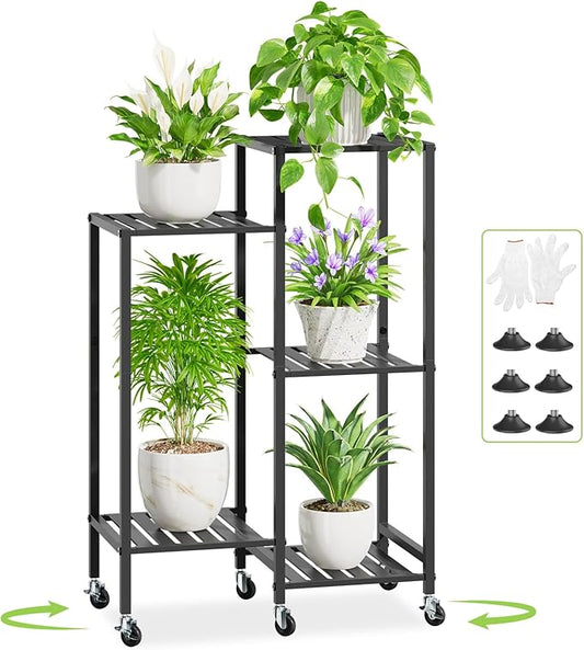 iDavosic.ly 5 Tier Plant Stand Indoor with Wheels, Metal Tiered Corner Flower Holder Shelf Outdoor for Large Pots, Tall Rolling Rack for Patio Porch Garden Balcony Living Room, Modern Black