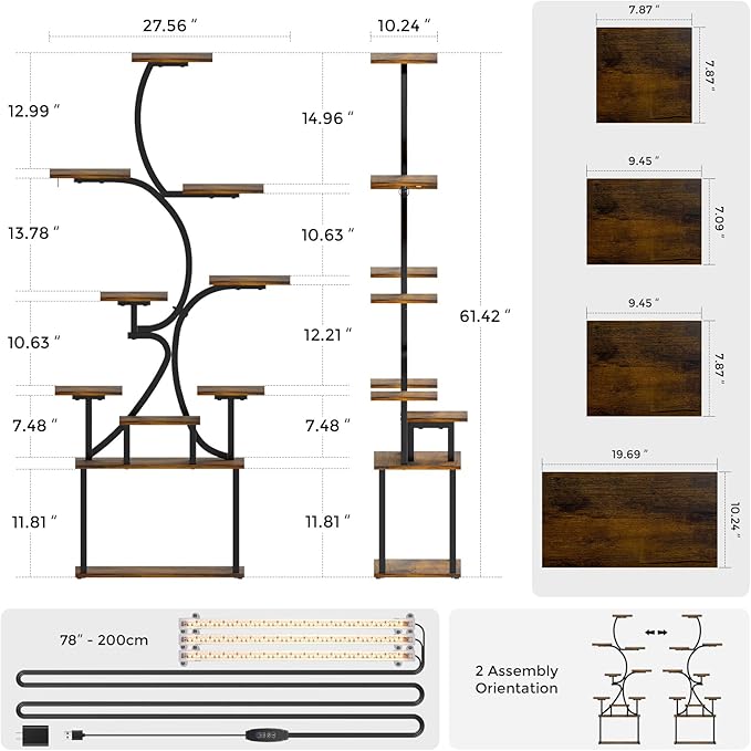 Plant Stand Indoor with Grow Lights - 9-Tier Curved Plant Stand, Tall Metal and Wood Indoor Plant Shelf with Unique Arched Design, Multi-Tier Flower Pot Holder Rack with Waterproof Finish, 63" Tall for Living Room, Balcony, and Garden