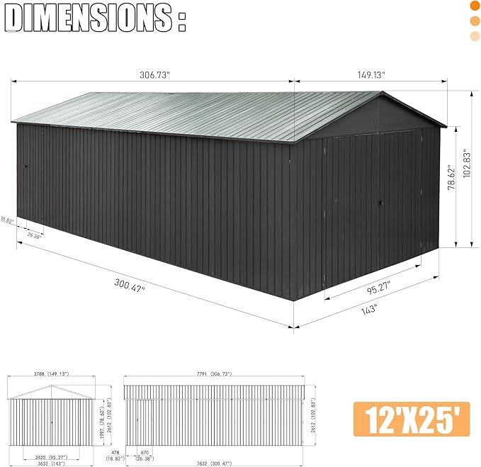 12x25FT Metal Storage Shed, a Metal Garage Shed or Heavy Duty Carport, Lockable Double Hinged Doors, Extra Large Car Shelter for Car Truck Motorcycle Lawn Equipment, Wind Resistant