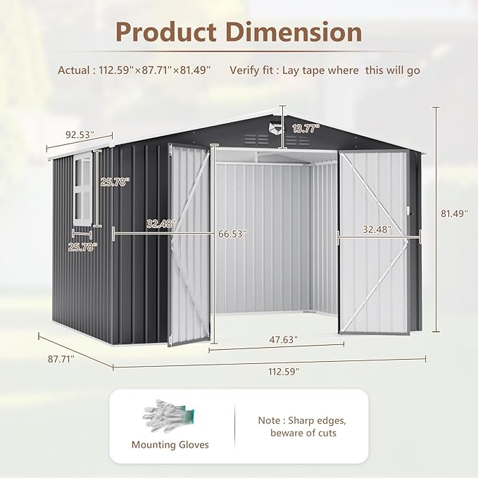 10x8 FT Outdoor Storage Shed, Metal Sheds & Outdoor Storage, Waterproof Sheds with Lockable Doors for Backyard