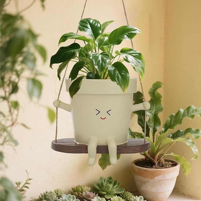 Hanging Planter Swing Face Plant Pot Cute Resin Head Planters Without Hole Indoor/Outdoor Plant Holder for Succulents, Unique Sitting Sway Pots Gift Ideas for Mother (2Pack-Style-AB)