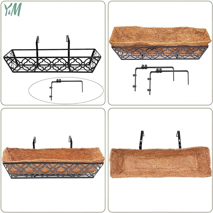 Y&M 6pcs 30 Inch Window Deck with Coco Liner, Fence Metal Hanging Flower Planter Window Basket Deck Railing Planter Boxes for Outdoor Garden Lawn,