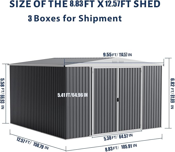 GarveeLife 9x12 Shed for Outdoor Storage, Galvanized Steel Metal Tool Sheds House with Lockable Doors, Lock & Air Vent, Large Utility Sheds for Patio Garden Lawn (9x12.6, Grey)