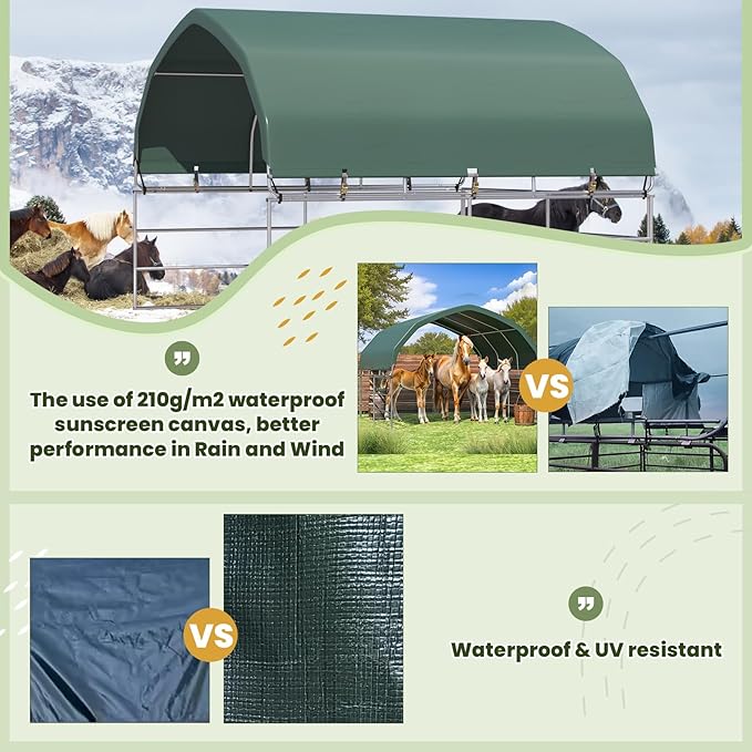 YOLENY 12'x12' Corral Shelter, Heavy Duty Round Style Canopy, Green, Waterproof and UV Treated Universal Cover, Easy Assembly Stable and Agricultural Storage and Shade Shed Kit for Livestock