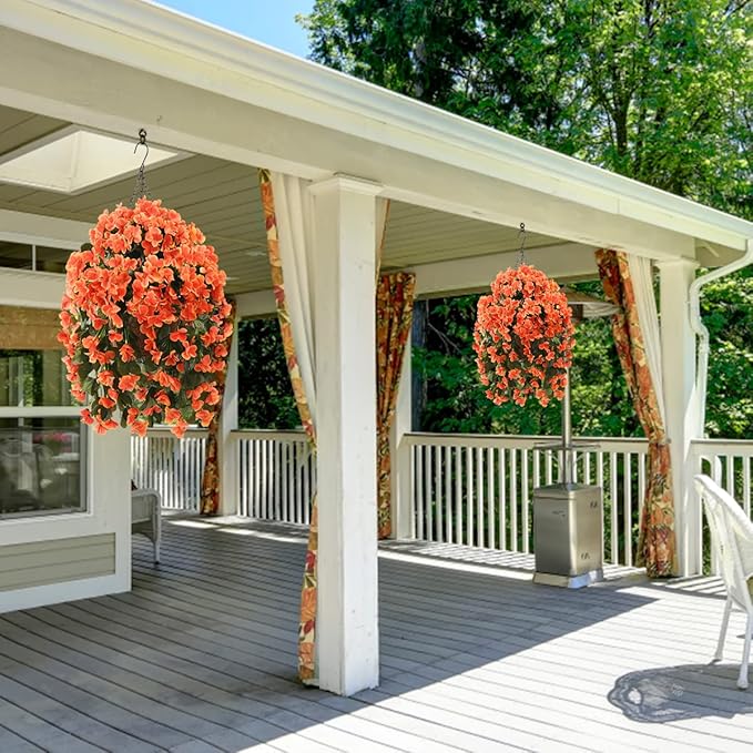INQCMY Artificial Hanging Flowers in Basket for Fall Autumn Outdoor Decor,Faux Silk Orange Begonia in Planter UV Resistant Realistic for Home Outside Porch Garden Patio Yard Decor