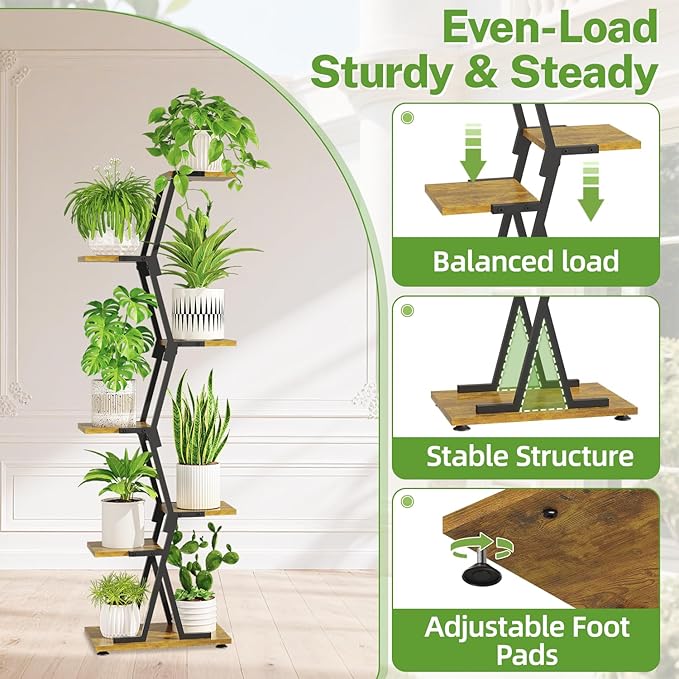 iDavosic.ly 6 Tier Indoor Plant Stand, Corner Tall Metal & Wood Flower Shelf, Orchid Display Rack for Living Room Balcony Patio Porch, Space Saving & Multifunctional Display, Black & Brown
