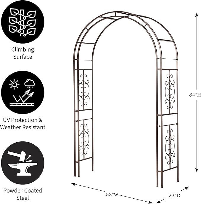 Plow & Hearth Arch Metal Outdoor Garden Arbor, 84 inches Tall, Iron Trellis Lattice for Climbing Plants, Wedding Arch, Outdoor Patio Décor (Montebello-Gunmetal)