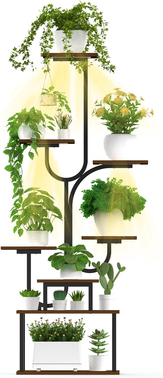 Plant Stand Indoor, 8-Tiered Corner Plant Rack Indoor with grow light, 61.42" metal Plant display shelves, Tree-Shaped Flower Ladder for Home, Patio, Living room