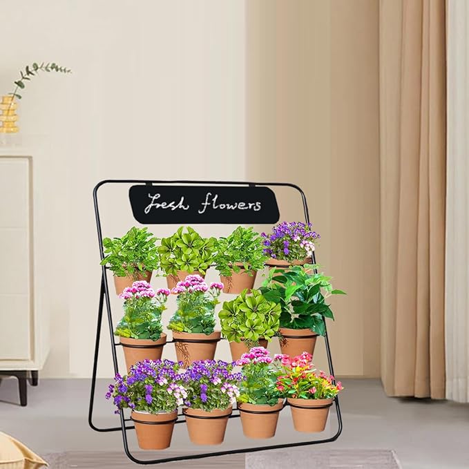 Flower Display Stand with Blackboard & 12 pcs Buckets , 3 Layers Metal Flower Cart, Plant Holder Rack for Indoor, Outdoor Patio Garden, Living Room, Florist, Ideal for Flower Shops