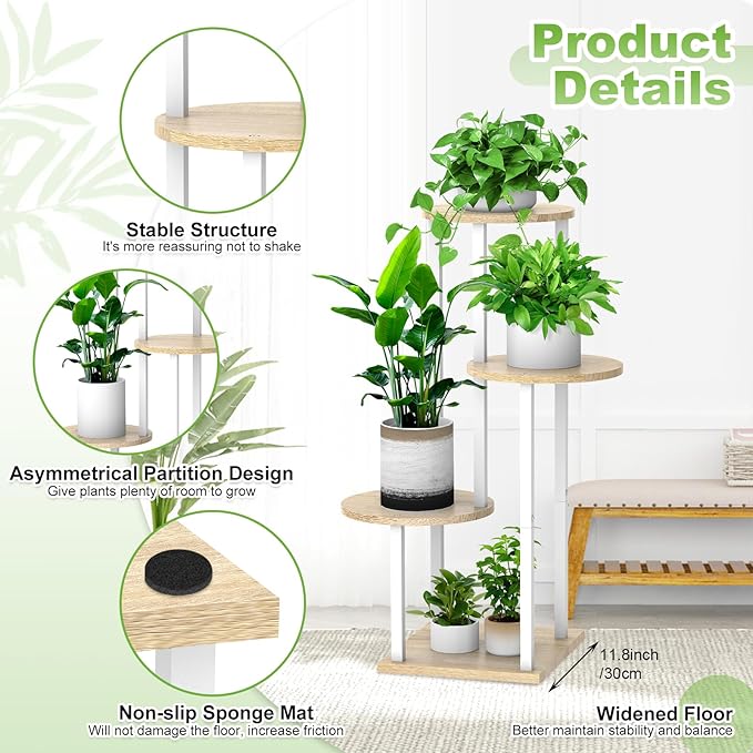 4 Tier Wood Tall Plant Stand Metal Rack Indoor, Multiple Flower Pot Holder Shelves Corner Rack, Round Planter Shelf Display Rack Storage Organizer for Patio Living Room Balcony(White Oak)