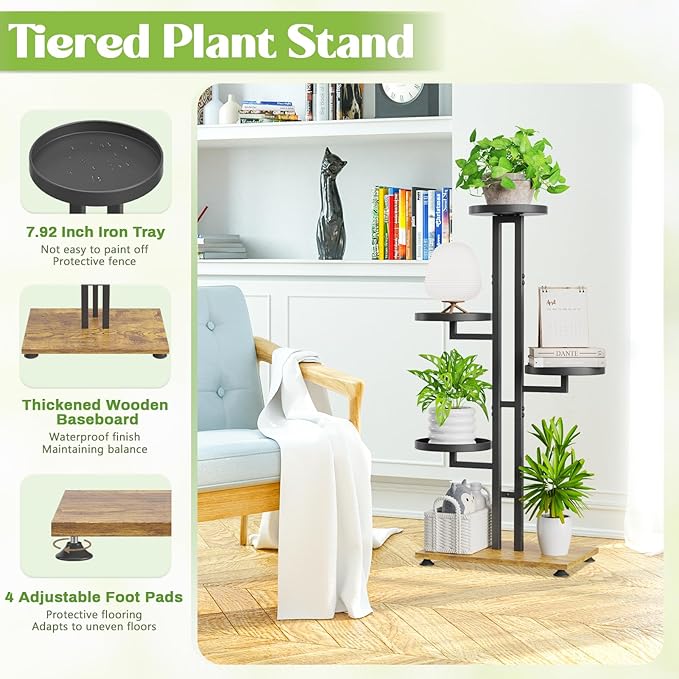 iDavosic.ly 4 Tier Plant Stand Indoor Outdoor, Tiered Corner Multiple Flower Pot Holder Shelf, Metal 34 Inch Tall Display Rack for Patio Porch Living Room Garden Balcony Bedroom, Black