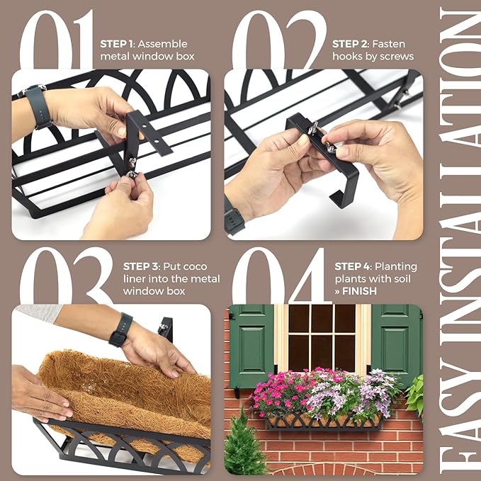 4 Pack 32IN Window Box Railing with Adjustable Brackets, Hanging Flower Planter Basket with Coco Liner for Outdoor Balcony Porch Fence Patio (Black)