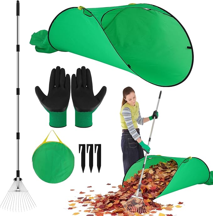 Leaf Rake for Lawns with 70 Gallon Large Foldable Leaf Bags, Heavy Duty Metal Garden Yard Rake Long Handle Garden Gloves for Gardening Outdoor Camping Shrub Grass Bush