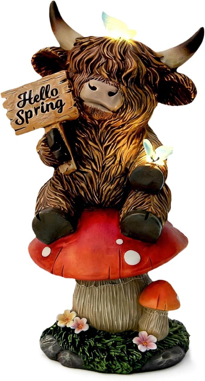 Highland Cow Garden Statue with Solar Butterfly Lights, Spring Outdoor Highland Cow on Mushroom Butterfly Decoration for Yard, Patio, Lawn, Cows Figurine Housewarming Gift for Women, Mom