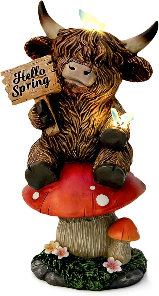 Highland Cow Garden Statue with Solar Butterfly Lights, Spring Outdoor Highland Cow on Mushroom Butterfly Decoration for Yard, Patio, Lawn, Cows Figurine Housewarming Gift for Women, Mom