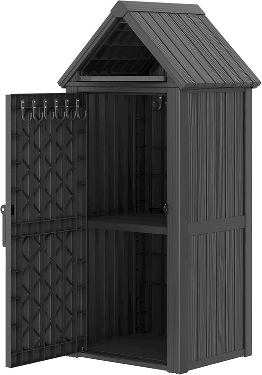 Outdoor Storage Shed with Door & Shelf, Large Capacity Weatherproof Garden Tool Cabinet with Multiple Hooks for Backyard, Patio, Lawn（Black