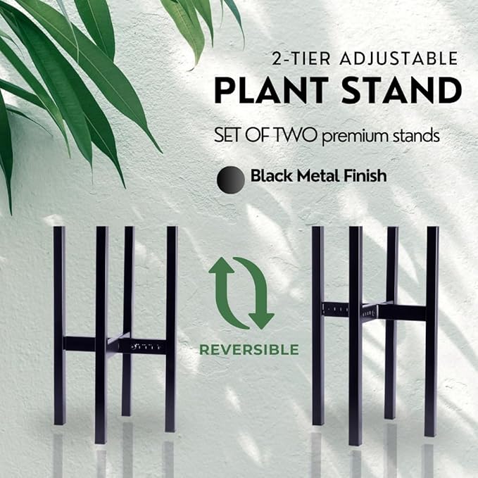 2 Tier indoor outdoor Plant Stand - Set of 2 Heavy Duty Rustproof Metal Plant stands, Modern Reversible Flower holder for Large Pots. Adjustable plant stand for pots 8–12 Inch), 32" Tall, Stackable Rack for Patio or Home Decor by iSpaces