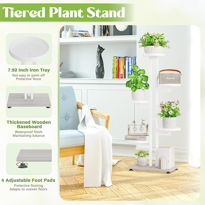 iDavosic.ly 5 Tier Plant Stand Indoor Outdoor, Tiered Corner Multiple Flower Pot Holder Shelf, Metal 40 Inch Tall Display Rack for Patio Porch Living Room Garden Balcony Bedroom, White