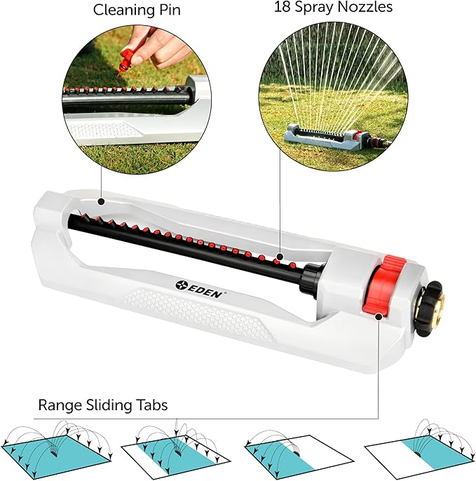 Eden 94110 Heavy Duty Metal Oscillating Sprinkler, Covers Up to 3,315 sq. ft., 18 Precision Nozzles, Adjustable Range, Quick Connect Bundle, Silver, Red, Black