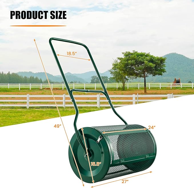 Goplus 24" Compost Spreader, Peat Moss Spreader w/Upgrade U-Shaped Handle, Side Latches, Heavy Duty Metal Mesh Lawn Roller for Topdressing & Seedling, Garden & Lawn Yard Care Manure Spreader, Green