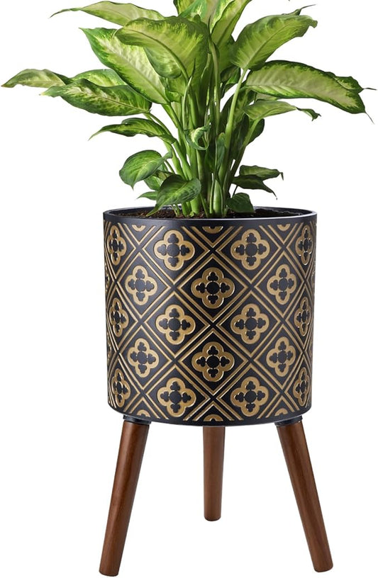 nacltlo12 Inch Plant with Stand Planter for Indoor Plants Large Modern Mid-Century Plant Pots Indoor Outdoor with Drainage for Home Garden Patio,Black and Gold